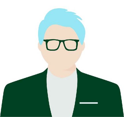 graphic of a man in a suit with glasses and blue hair