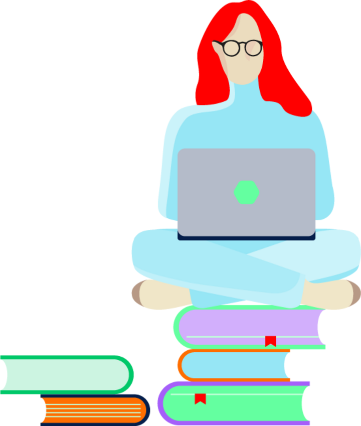 graphic of a girl with a laptop sitting on books
